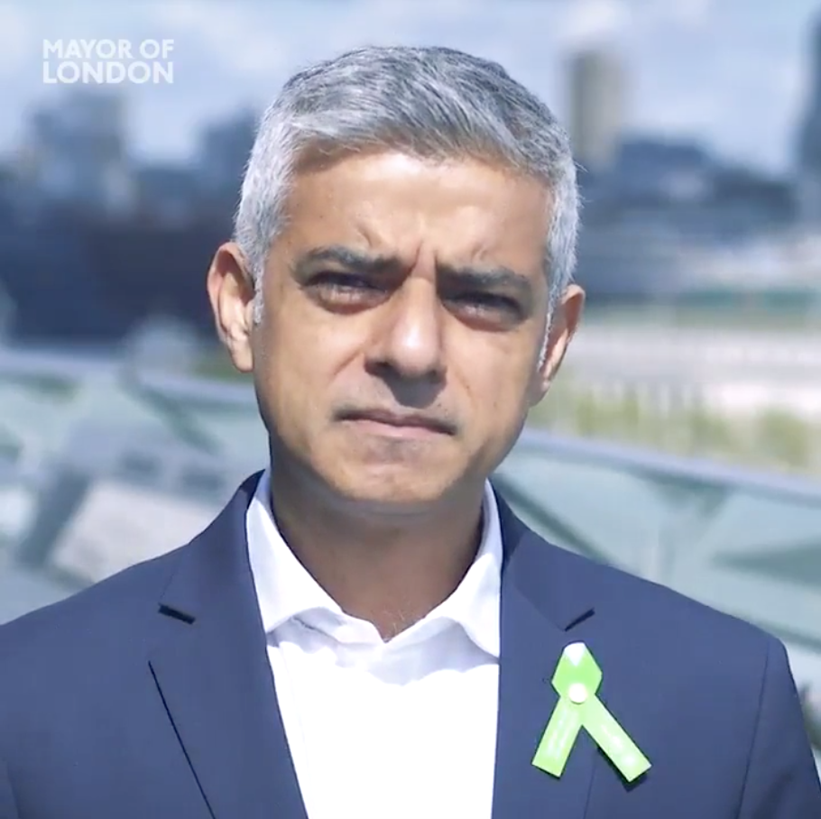 Sadiq Khan London Mayor wearing green ribbon badge