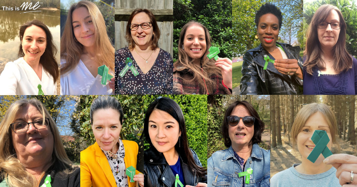 photo montage people wearing green ribbon badges