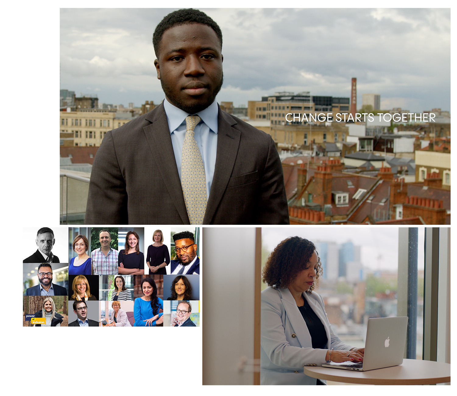 Montage of still photos taken from power of inclusion initiative video. people telling their stories.